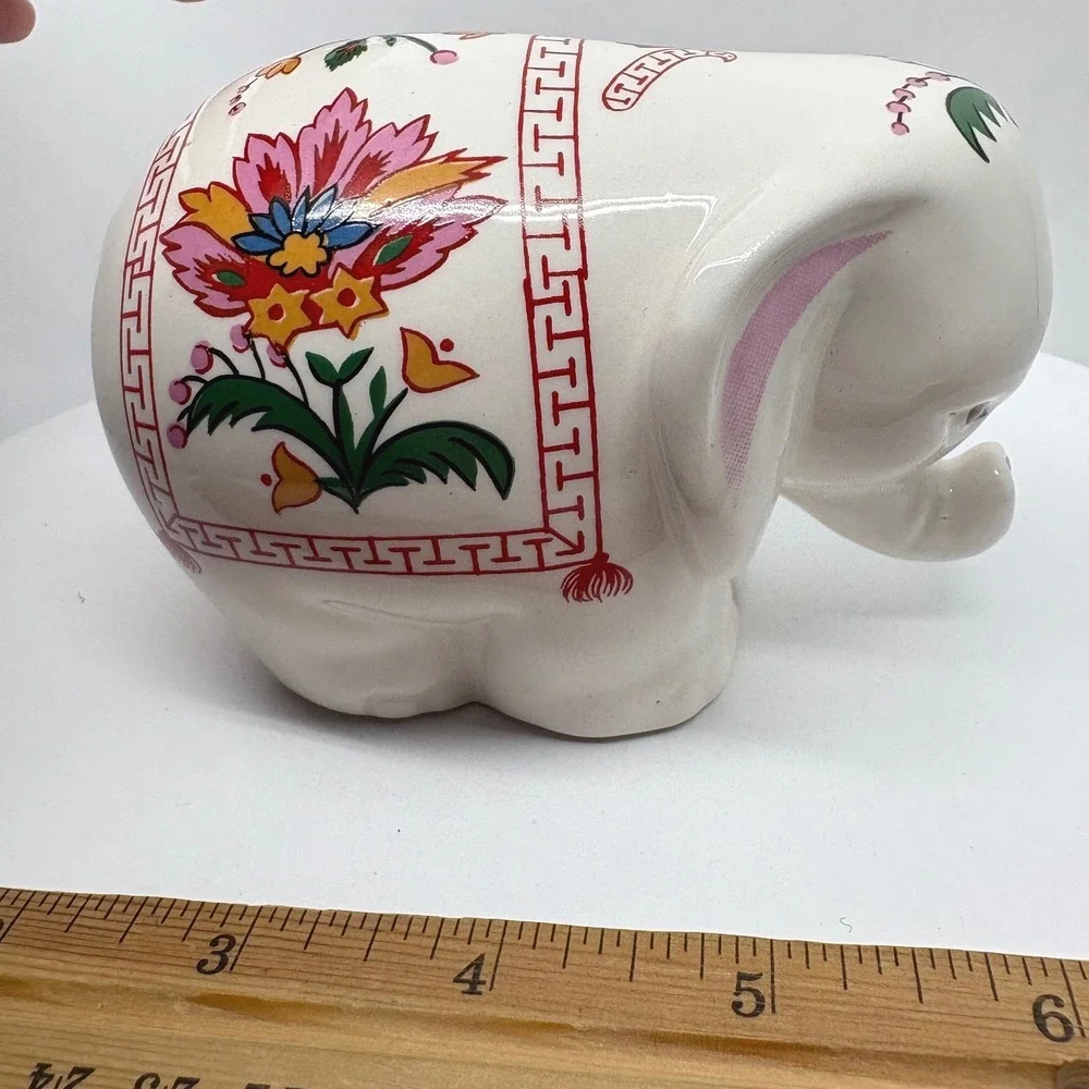 Prestige Place Ceramic Elephant Figurine White Floral Greek Key Border 4 Inch